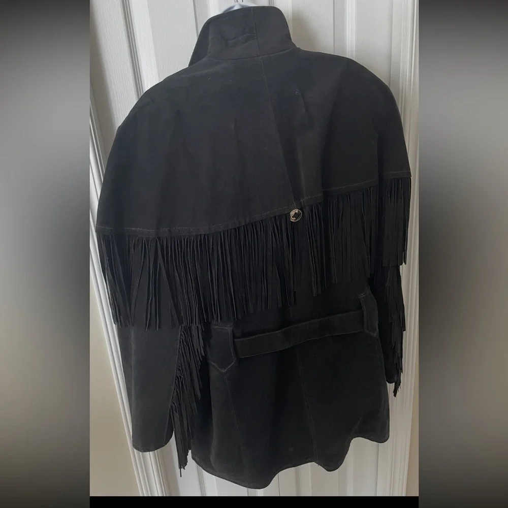 Vintage Black Suede Fringe Coat with Belt - Picture 4 of 4